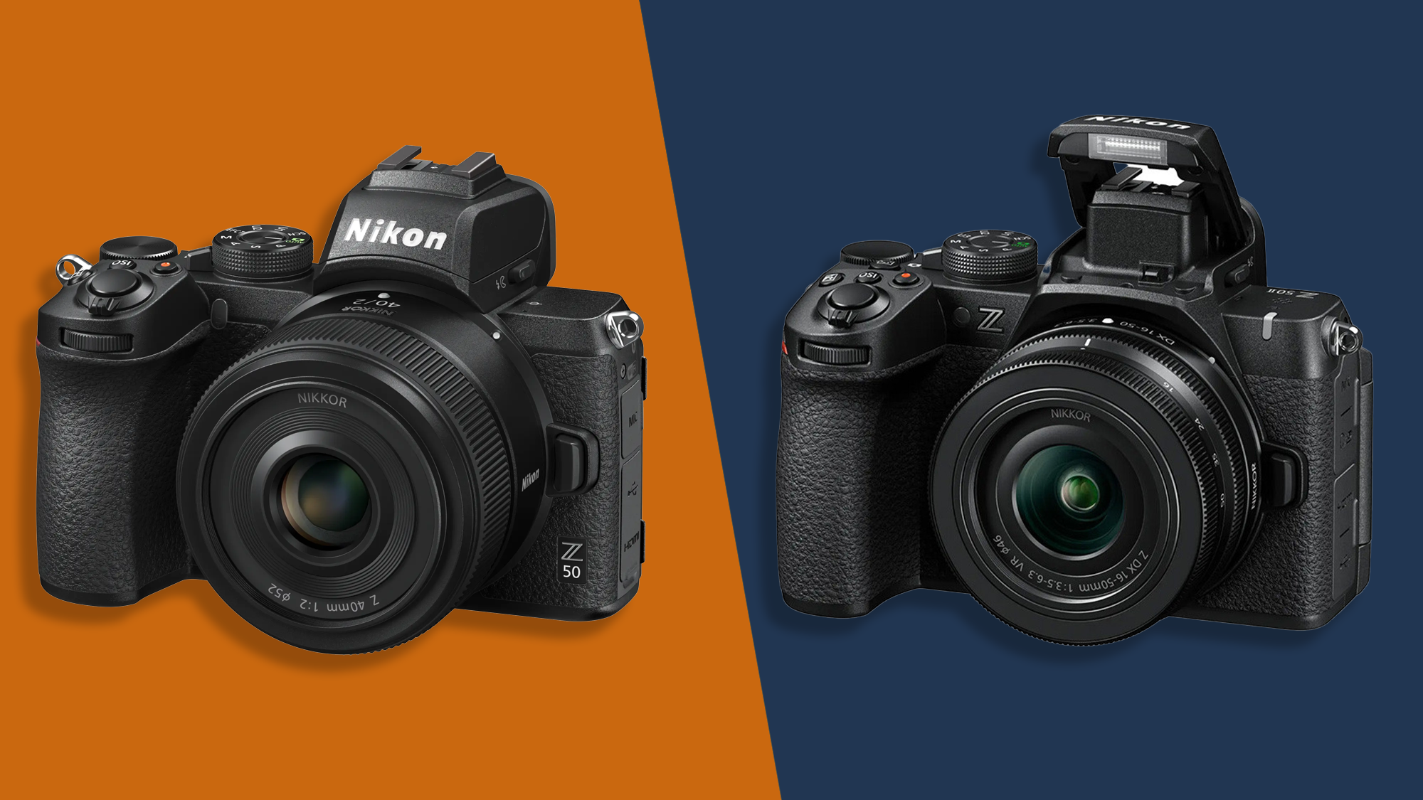 Graphic showing the Nikon Z50 and Z50 II mirrorless cameras side-by-side, from a front angle