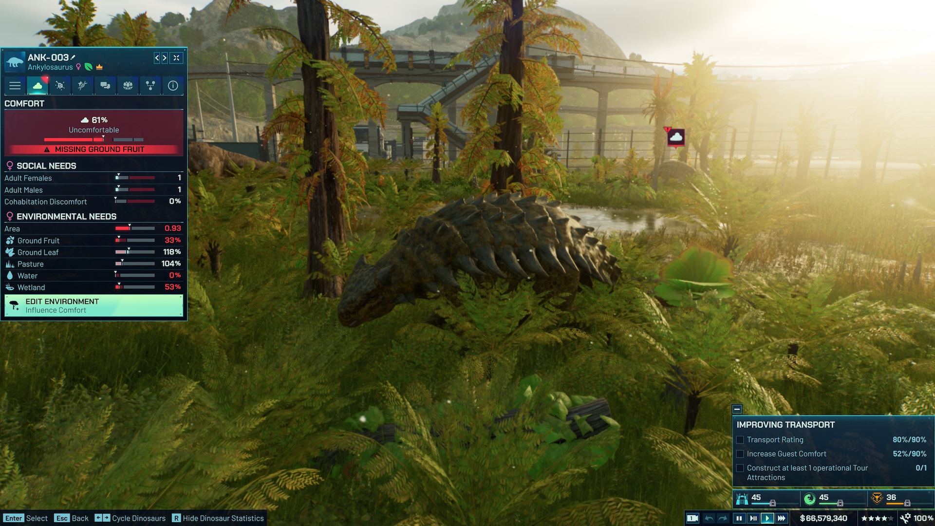 The needs screen of an Ankylosaurus in Jurassic World Evolution 3.