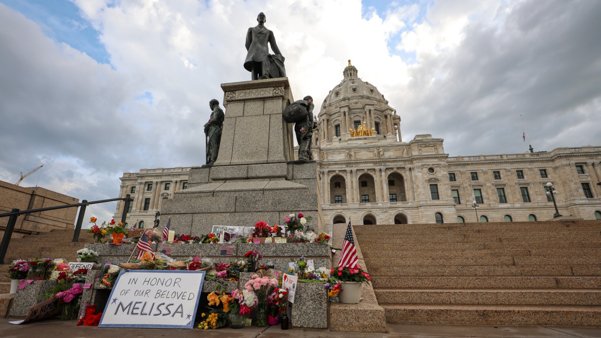 A memorial for State Rep. Melissa Hortman and her husband Mark is seen at the Minnesota State Capitol on June 16, 2025. 