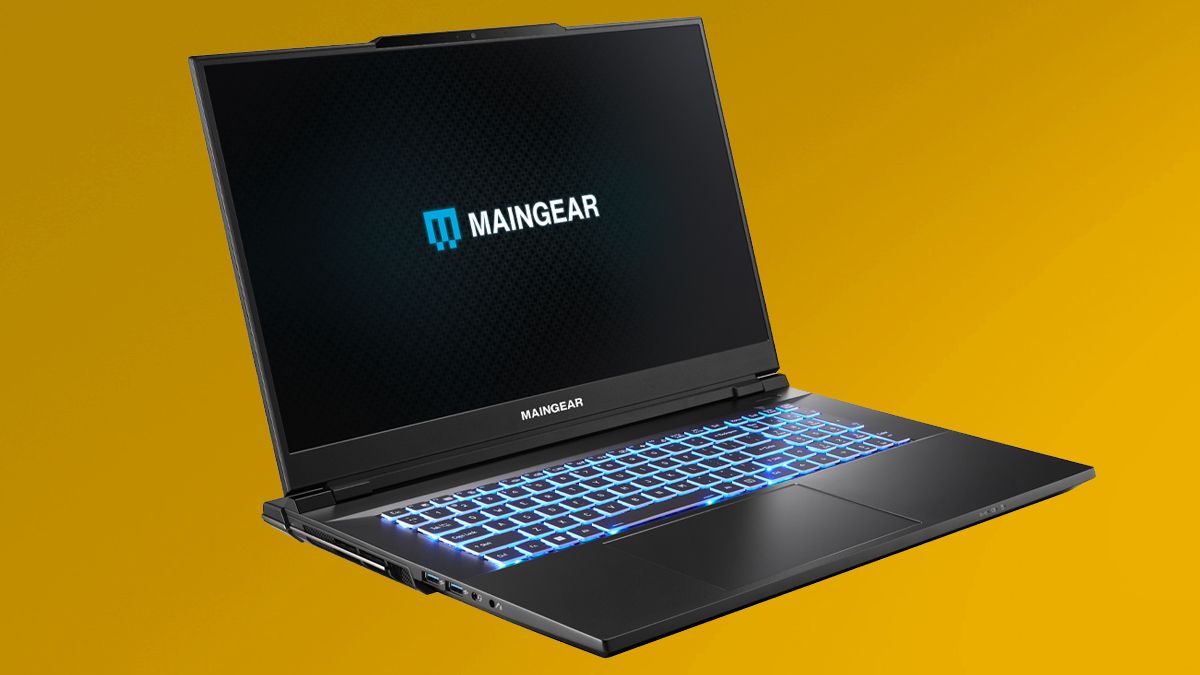 Maingear ML-17 gaming laptop in black against a yellow background.