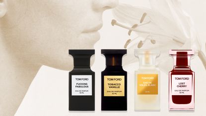 collage of tom ford perfumes -tobacco vanille, bitter cherry, fucking fabulous, and soleil blanc