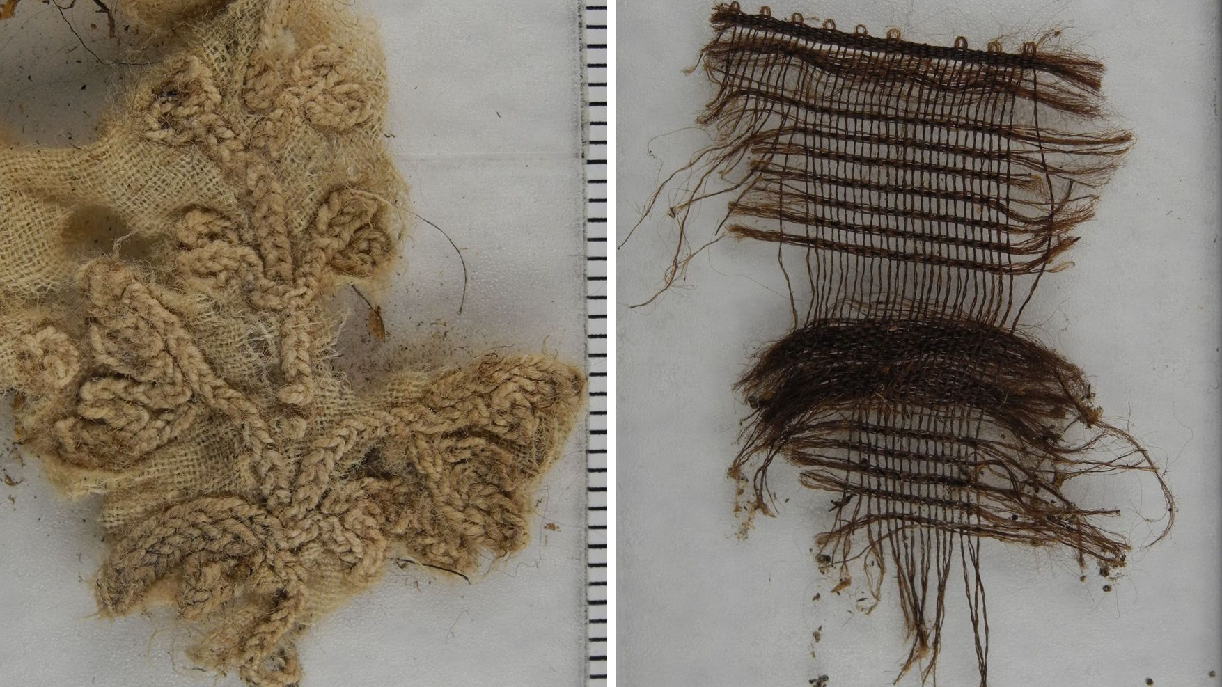 Two swatches of historical fabric pulled from the anus of an 18th century male mummy. On the left, a decorated piece of fabric that may have been crocheted. On the right, a dark brown woven fabric.