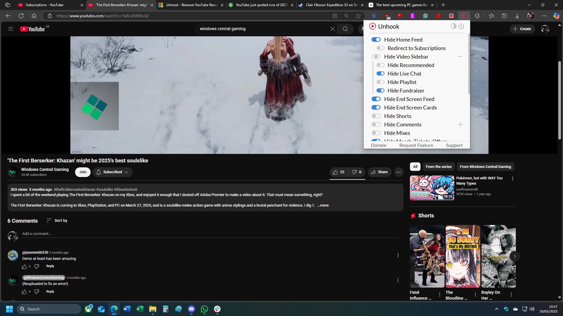 Screenshot demonstration of the Unhook browser extension