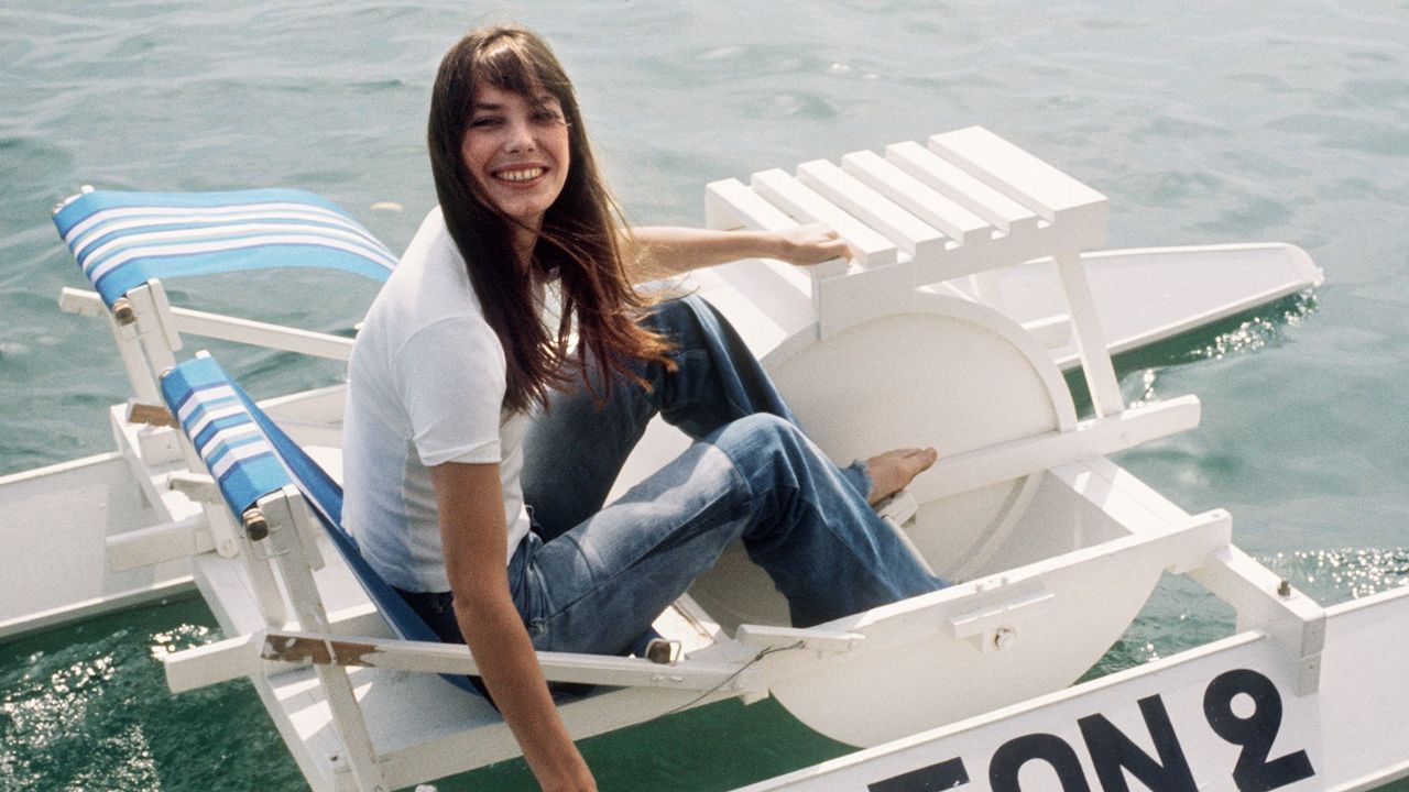 Jane Birkin on a pedalo at the 28th Cannes International Film Festival