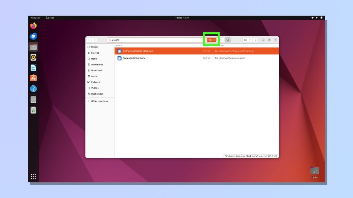 Снимок экрана, показывающий, как найти файл с помощью дистрибутива Ubuntu Linux: применение фильтров поиска
