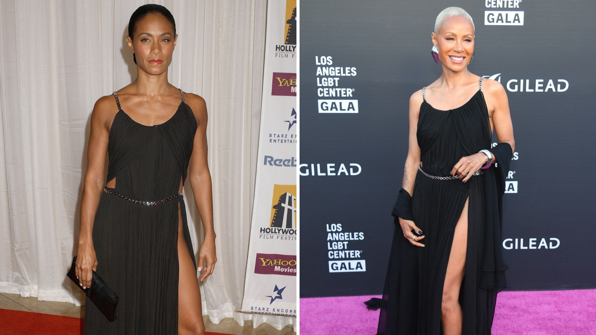 L-Jada Pinkett Smith in 2004, R-Jada Pinkett Smith in 2024. She wears the same black dress in both