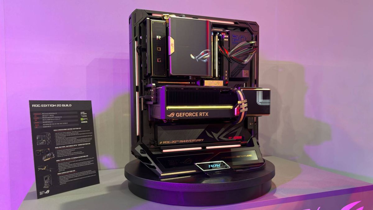 The ROG Astral GeForce RTX 5090 Edition 20 is seen mounted on the open-frame ROG GR20 PC case on the showfloor of Computex 2026.