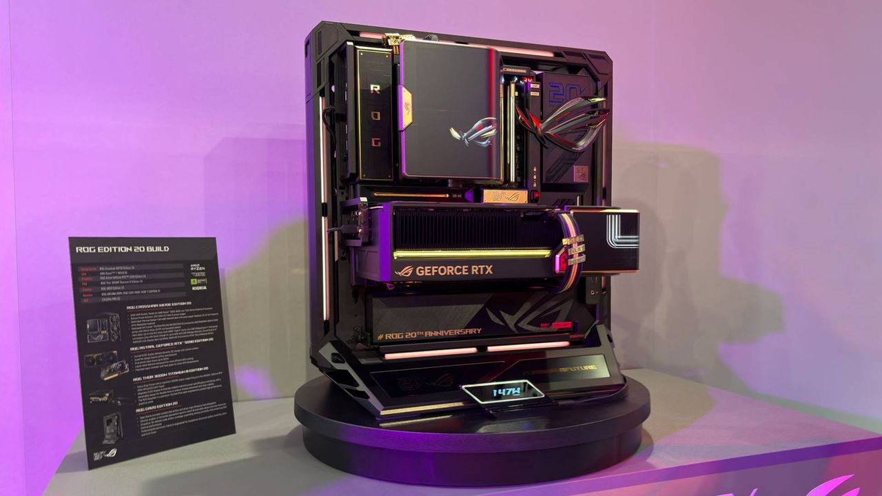 The ROG Astral GeForce RTX 5090 Edition 20 is seen mounted on the open-frame ROG GR20 PC case on the showfloor of Computex 2026.