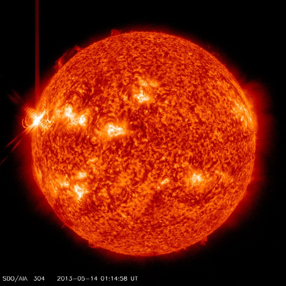 This image shows an X3.2 solar flare (far left) erupting from the sun late Monday (May 13, 2013) as seen by NASA&#039;s Solar Dynamics Observatory. 