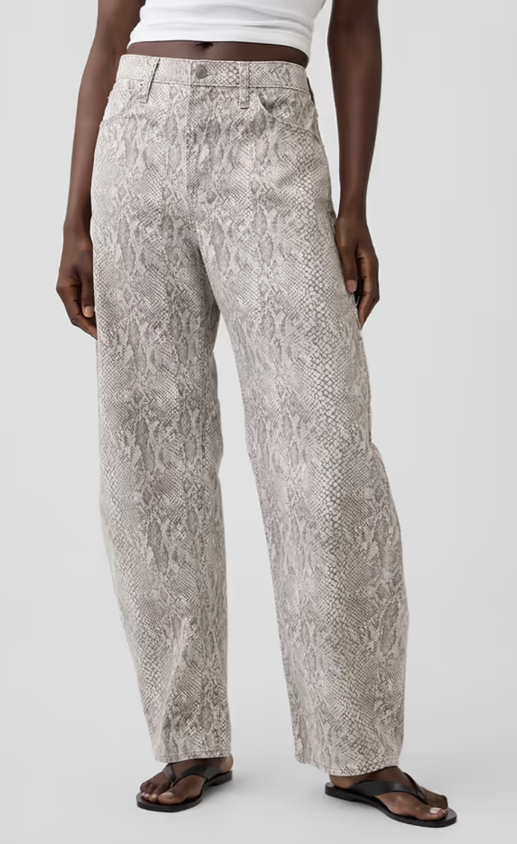 Gap, High Rise Snake Print Barrel Jeans