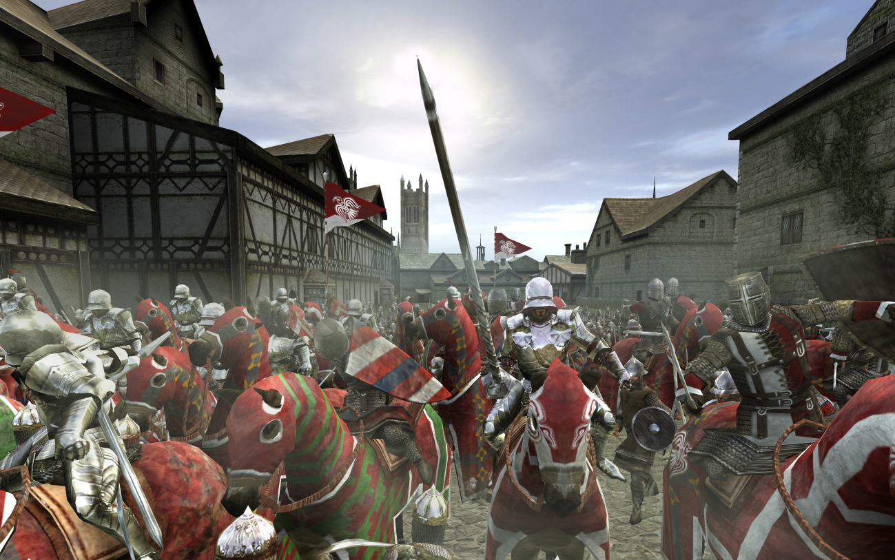 Knights battle in the streets of a city in Medieval 2: TOtal War