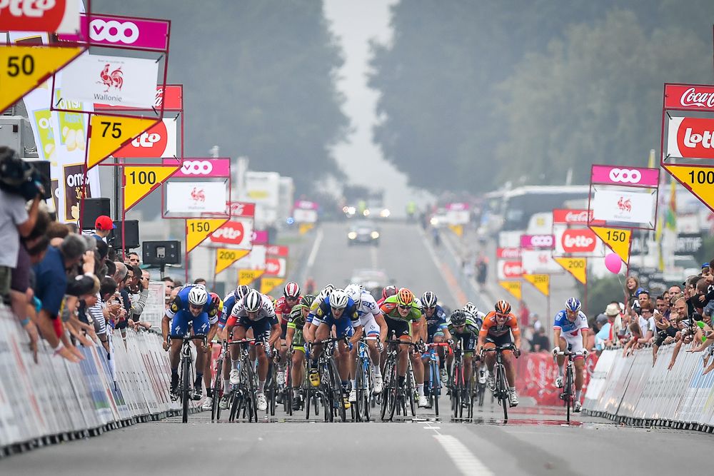 Riders sprint to the finish line of the first stage of the Tour De Wallonie cycling race from Charleroi to Mettet