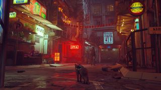 A cat wanders the streets of Stray's city.