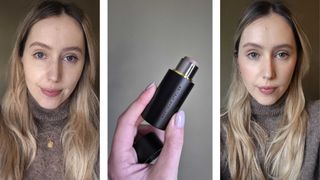 On the left, a close-up of Digital Beauty Writer, Naomi Jamieson without the Westman Atelier Face Trace stick. In the middle, a picture of Naomi's hand, holding the stick in front of a green backdrop and on the right, a close-up of Naomi wearing a full face of makeup, with the Westman Atelier Face Trace stick applied.