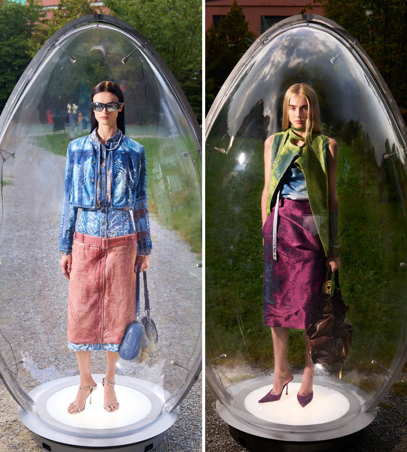 two models in perspex eggs for diesel ss26 during milan fashion week