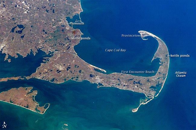 Taken in 2007 by Expedition 16 astronauts aboard the International Space Station, this digital image shows Cape Cod, where the Pilgrims first set foot. 