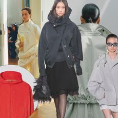 A collage of runway, product, and campaign images showcasing sporty jackets.