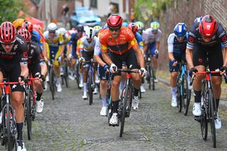 THUIN BELGIUM JULY 26 Matteo Trentin of Italy and Tudor Pro Cycling Team Orange Leader Jersey competes during the 45th Tour de Wallonie 2024 Stage 5 a 19215km stage from Mouscron to Thuin on July 26 2024 in Thuin Belgium Photo by Luc ClaessenGetty Images