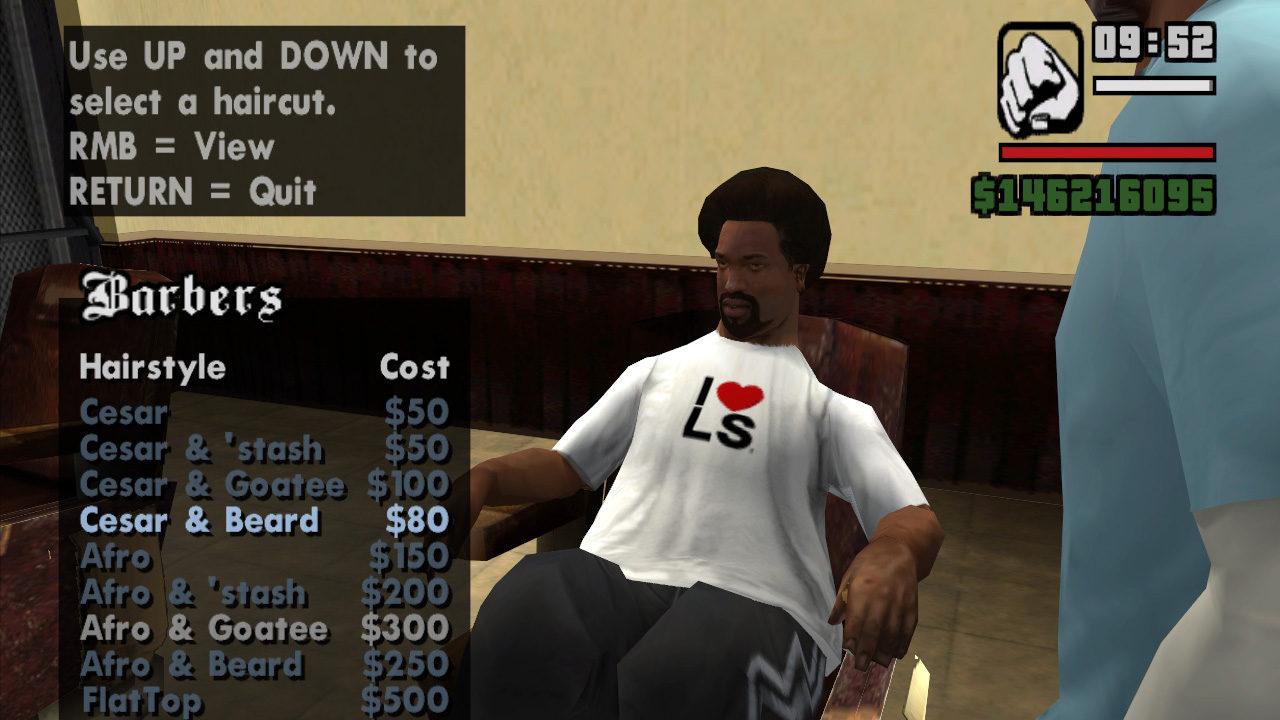 CJ browses the haircut menu in GTA San Andreas
