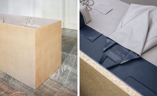 Two images, Left-Shows the top of a bag in a box, Right- shows TSATSAS signature monochromatic accessories in panelled gray and navy leather
