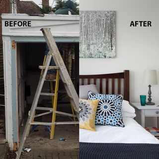 bedroom makeover with picture on white wall & bedside white table