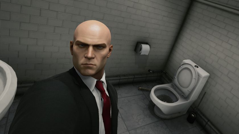Agent 47 taking a selfie with a toilet in Hitman: World of Assassination.