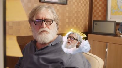 Gabe Newell talking to the angel on his shoulder
