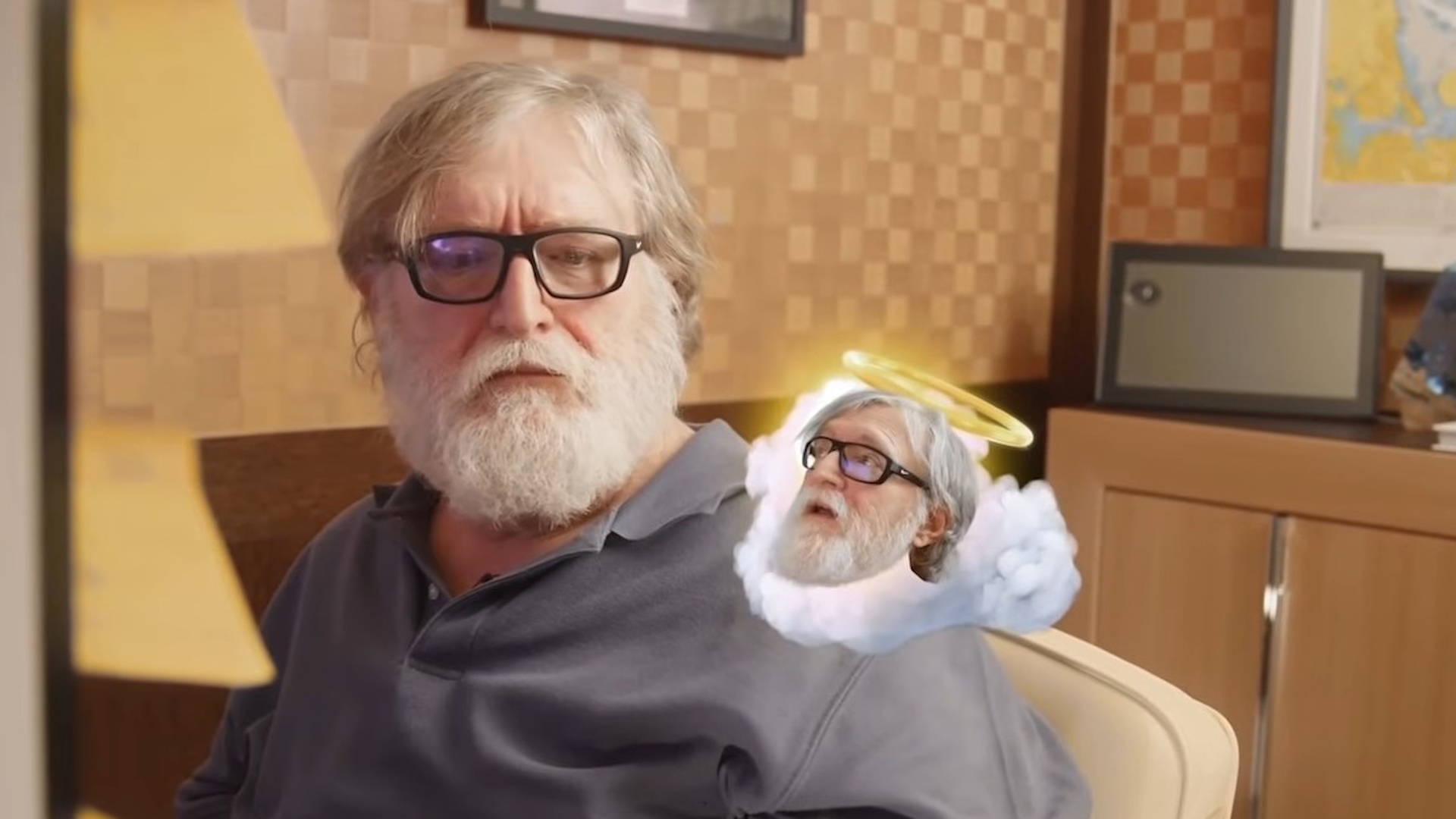 Gabe Newell talking to the angel on his shoulder