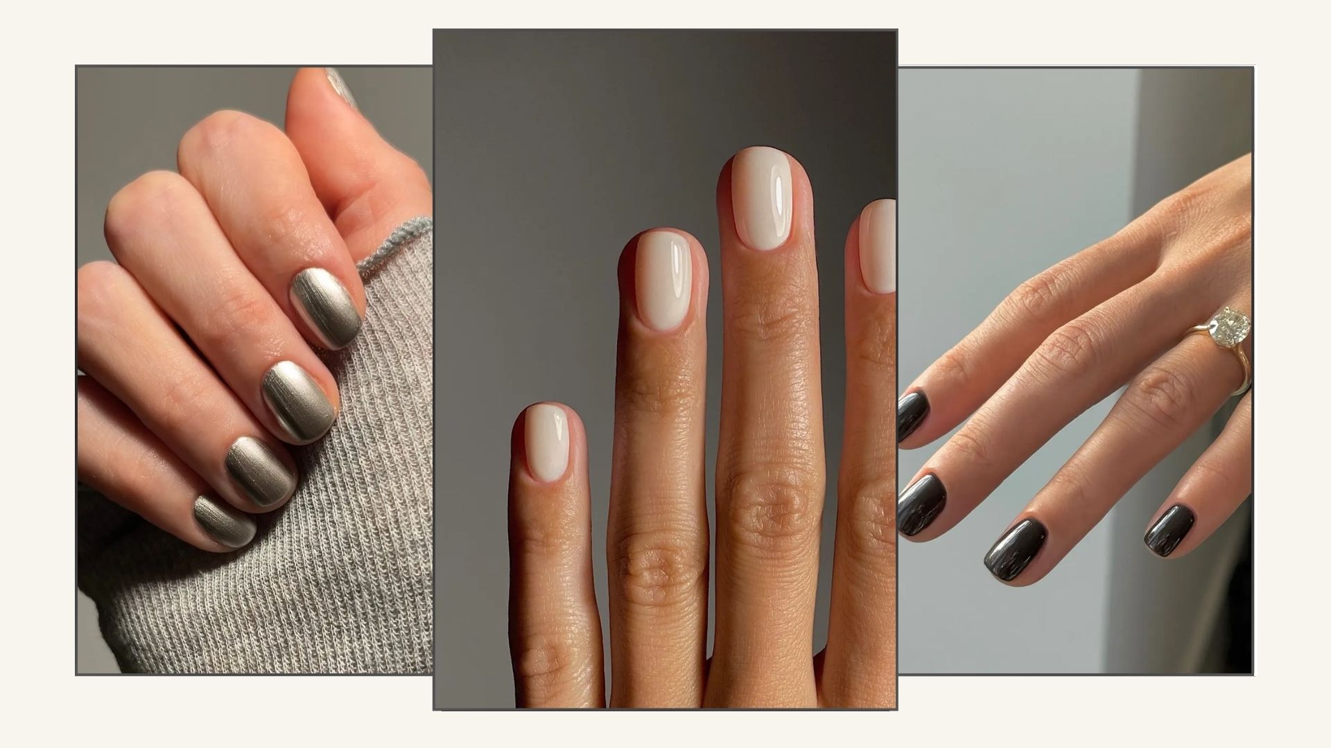 A collage of a silver manicure, a vanilla manicure and a glossy black manicure