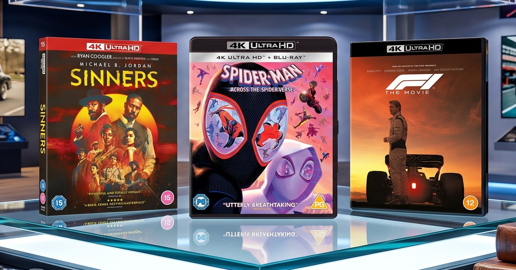 Image of Sinners, Spiderman Across the Spiderverse and F1 The Movie on a glass table.