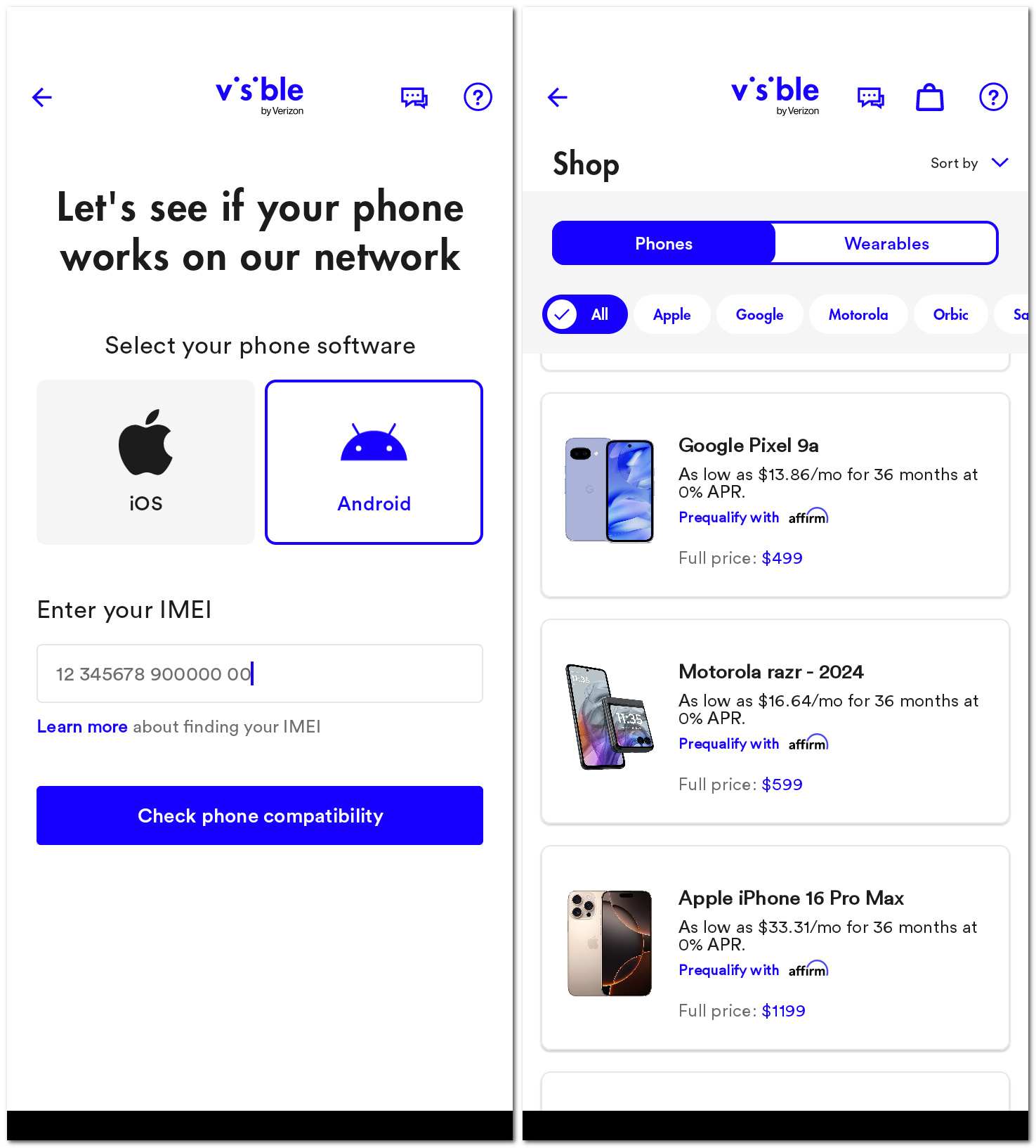 how to sign up for visible - step 2 - check imei or get new device options