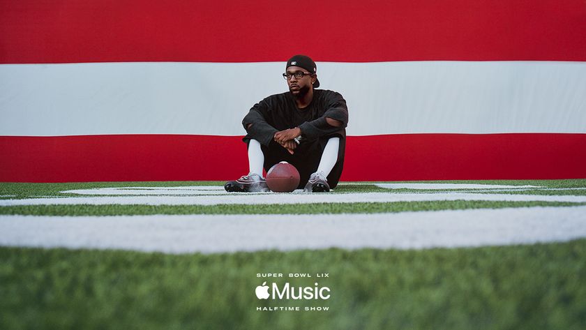 Kendrick Lamar sitting in front of a US flag in key art for Super Bowl LIX