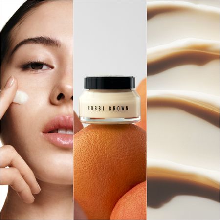 a girl with brown hair close up applying a swatch of cream to her face next to a bobbi brown face base tub on top of oranges next to a moisturizer texture