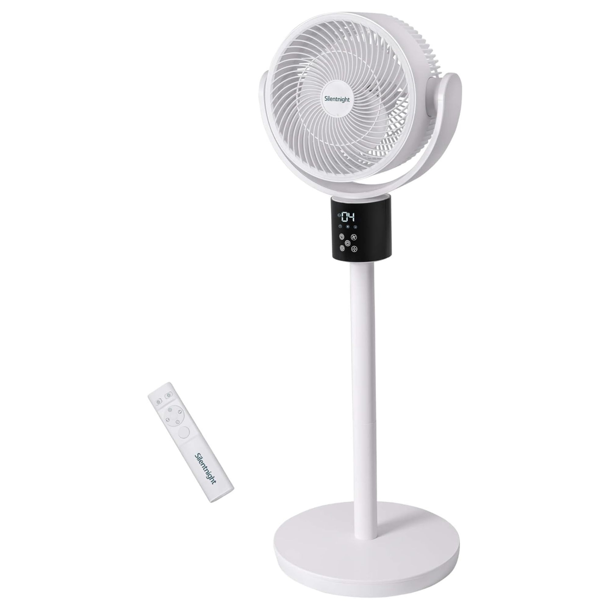 Cut out of the Silentnight AirMax Pro360 pedestal fan with remote control on a white background