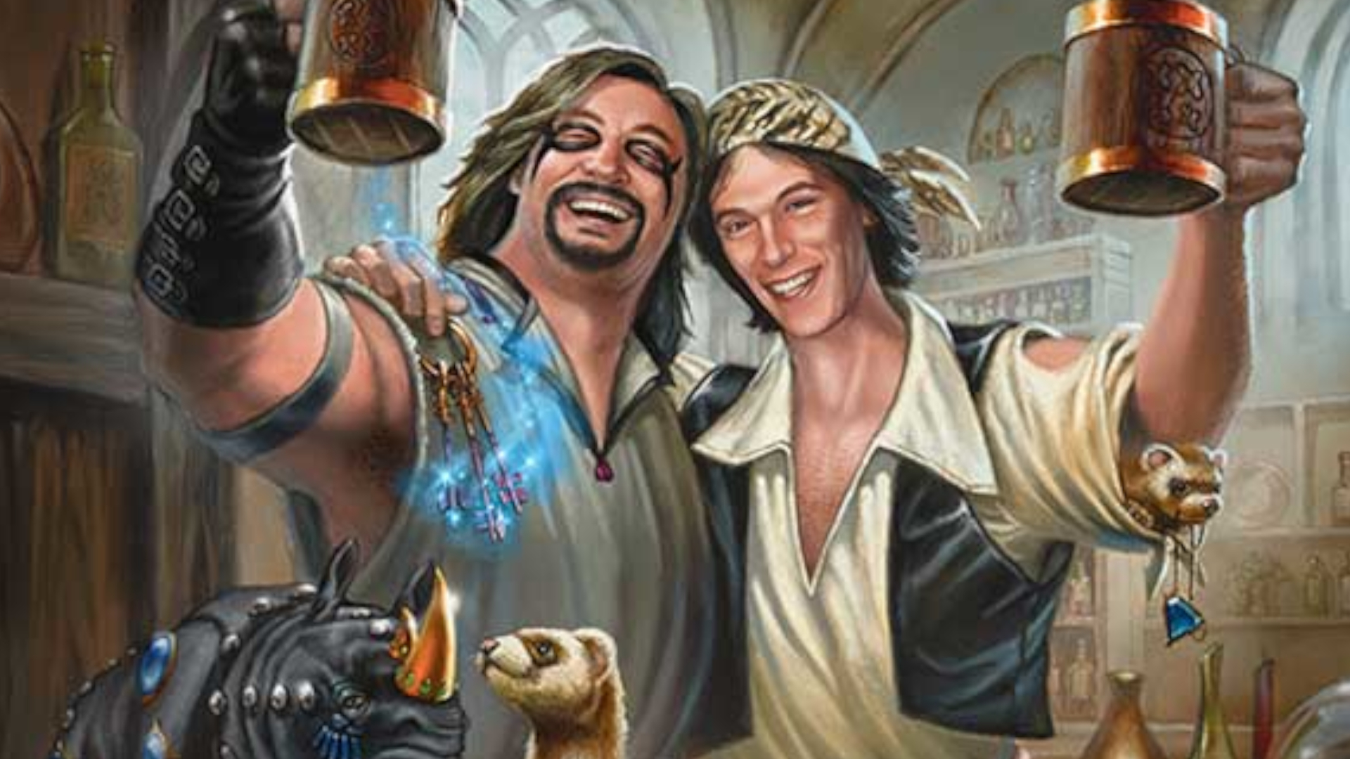 Two smiling men hold up flagons in a homely environment, with a gem-encrusted rhino and a ferret visible in the foreground