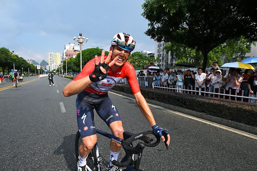 JINCHENGJIANG, CHINA - OCTOBER 17: Stage winner Paul Magnier of France and Team Soudal Quick-Step - Red Leader Jersey reacts after the 6th Gree-Tour Of Guangxi 2025, Stage 4 a 176.8km from Bama to Jinchengjiang / #UCIWT / on October 17, 2025 in Jinchengjiang, China. (Photo by Tim de Waele/Getty Images)