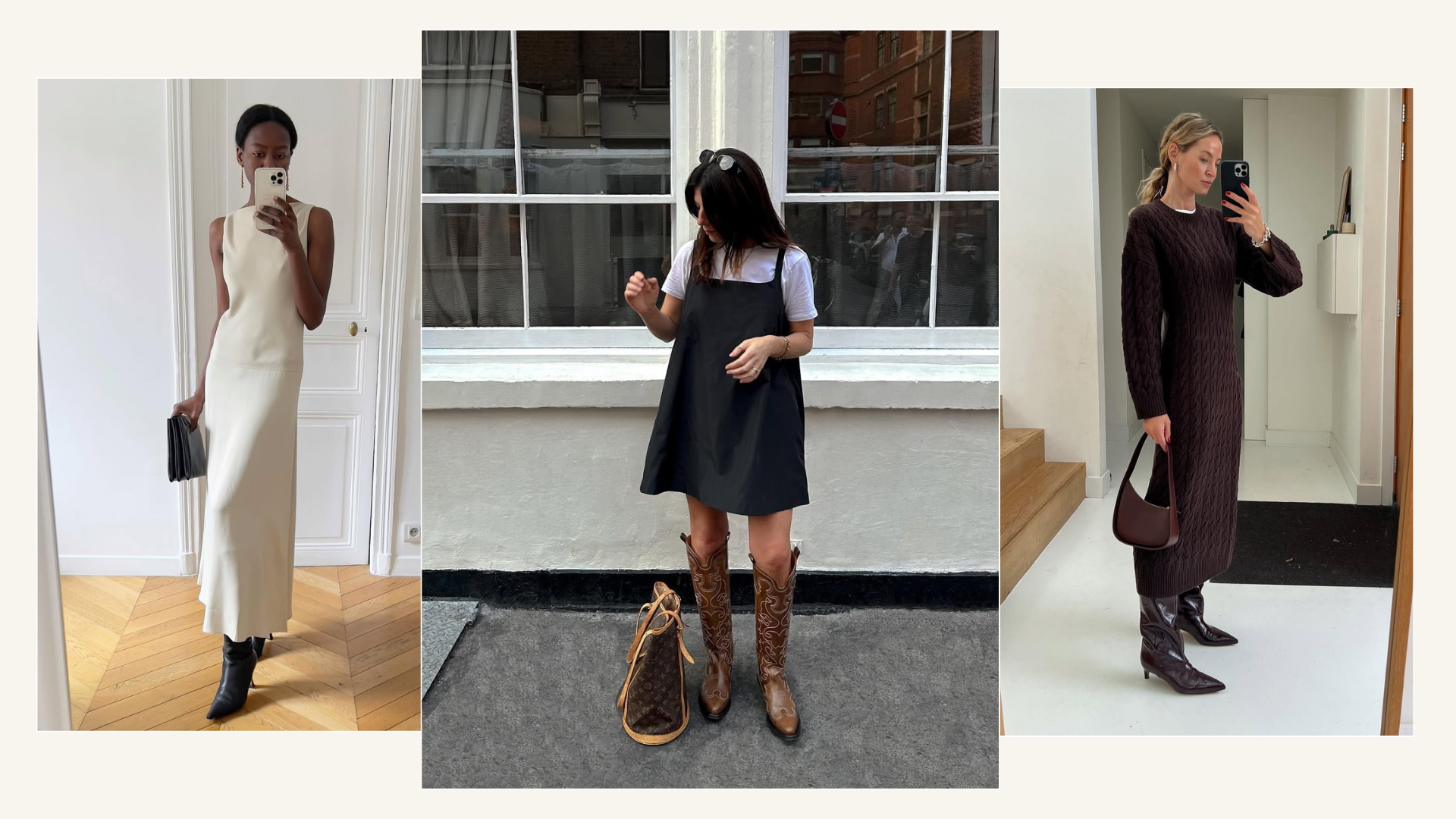 Three stylish women wearing dresses with knee-high boots