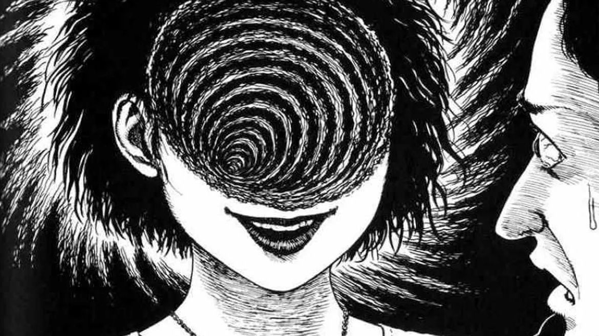 Best Junji Ito manga: A woman&#039;s face with a sinister swirl in Uzumaki.