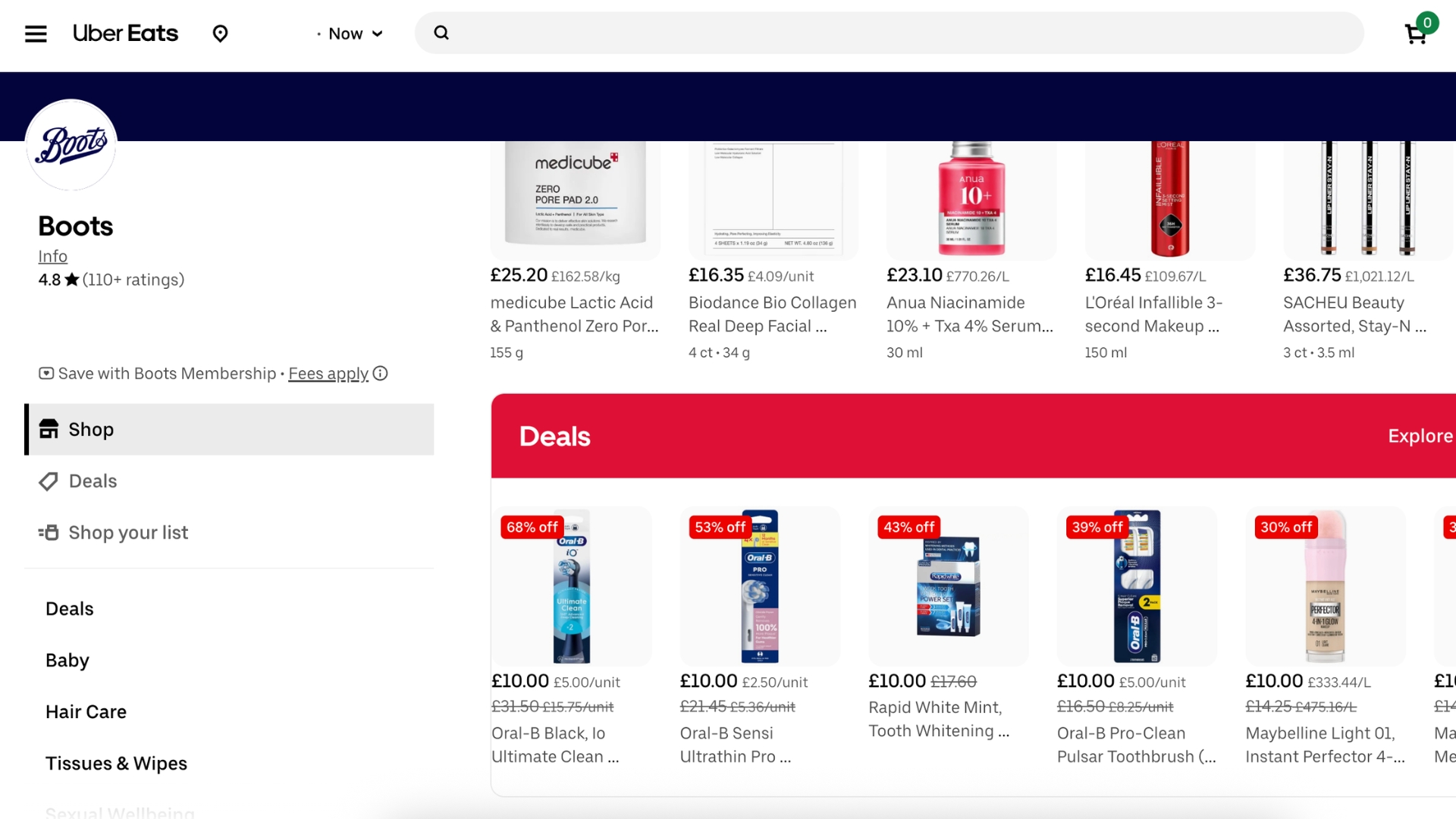 Image of Boots shop on Uber Eats, showing &amp;pound;10 Tuesday deals