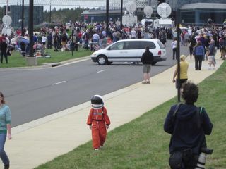 Among the estimated 6,000 visitors at the Udvar-Hazy Center in northern Virginia greeting the arriving Space Shuttle Discovery was 8-year-old Alex Corica, from Carlisle, Penn. He dressed the part!