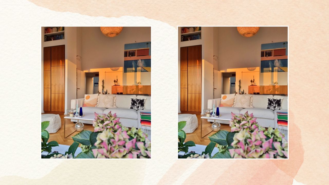 Two pictures of a warm apartment living room on a watercolor background