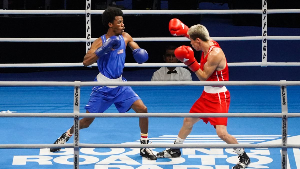 Mongolia&#039;s Ganerdene Gankhuyag and USA&#039;s Roscoe Hill at a qualifying boxing match for the 2024 Olympics.