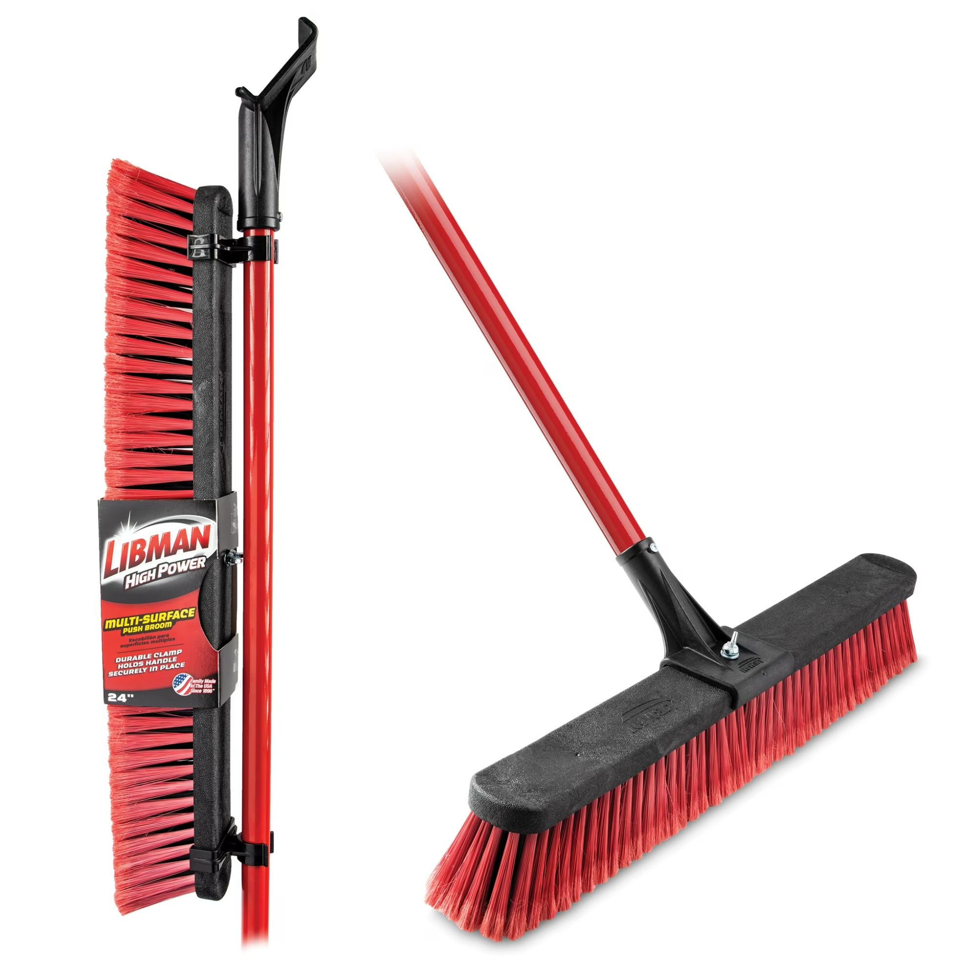 Red and black Libman long handled broom