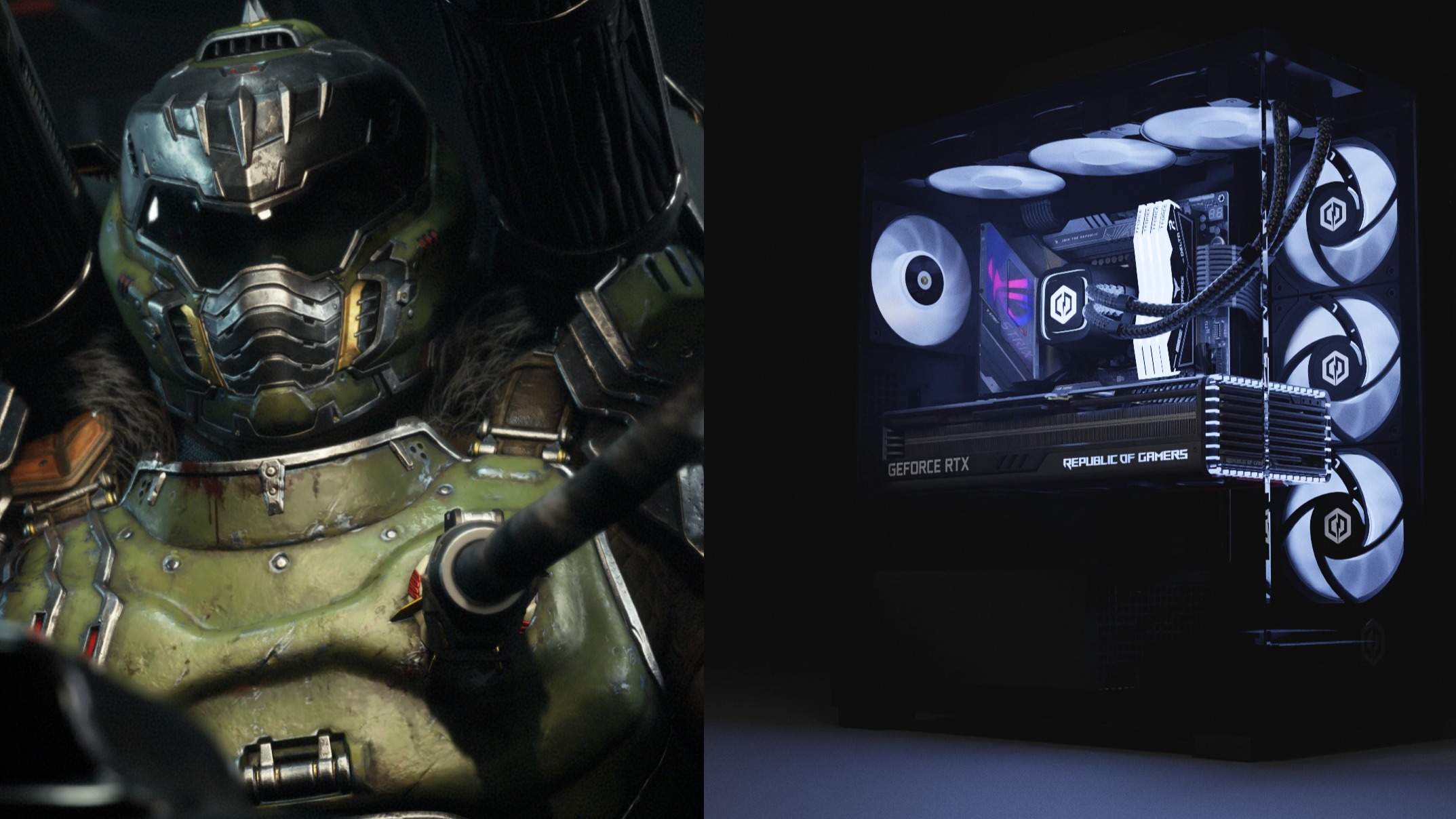 The DOOM Slayer in DOOM: The Dark Ages next to the Gamer Supreme Desktop from CyberPowerPC