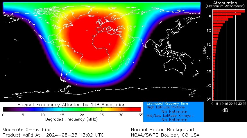 shortwave radio blackout map with the red region showing the highest frequency affected, over Western Europe and Africa.