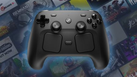 Steam Controller with glowing blue outline and game storefront artwork in backdrop.