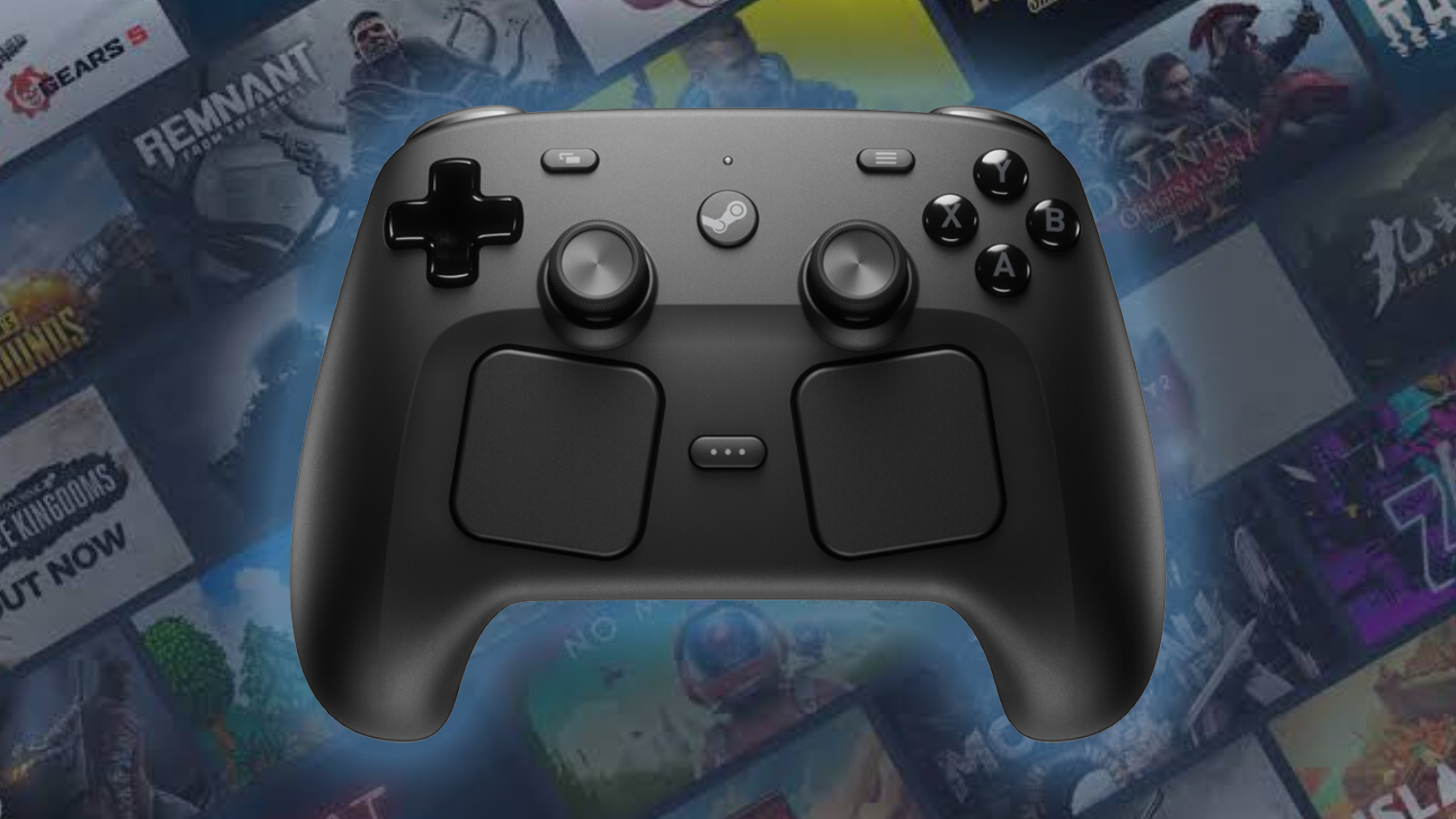 Steam Controller with glowing blue outline and game storefront artwork in backdrop.
