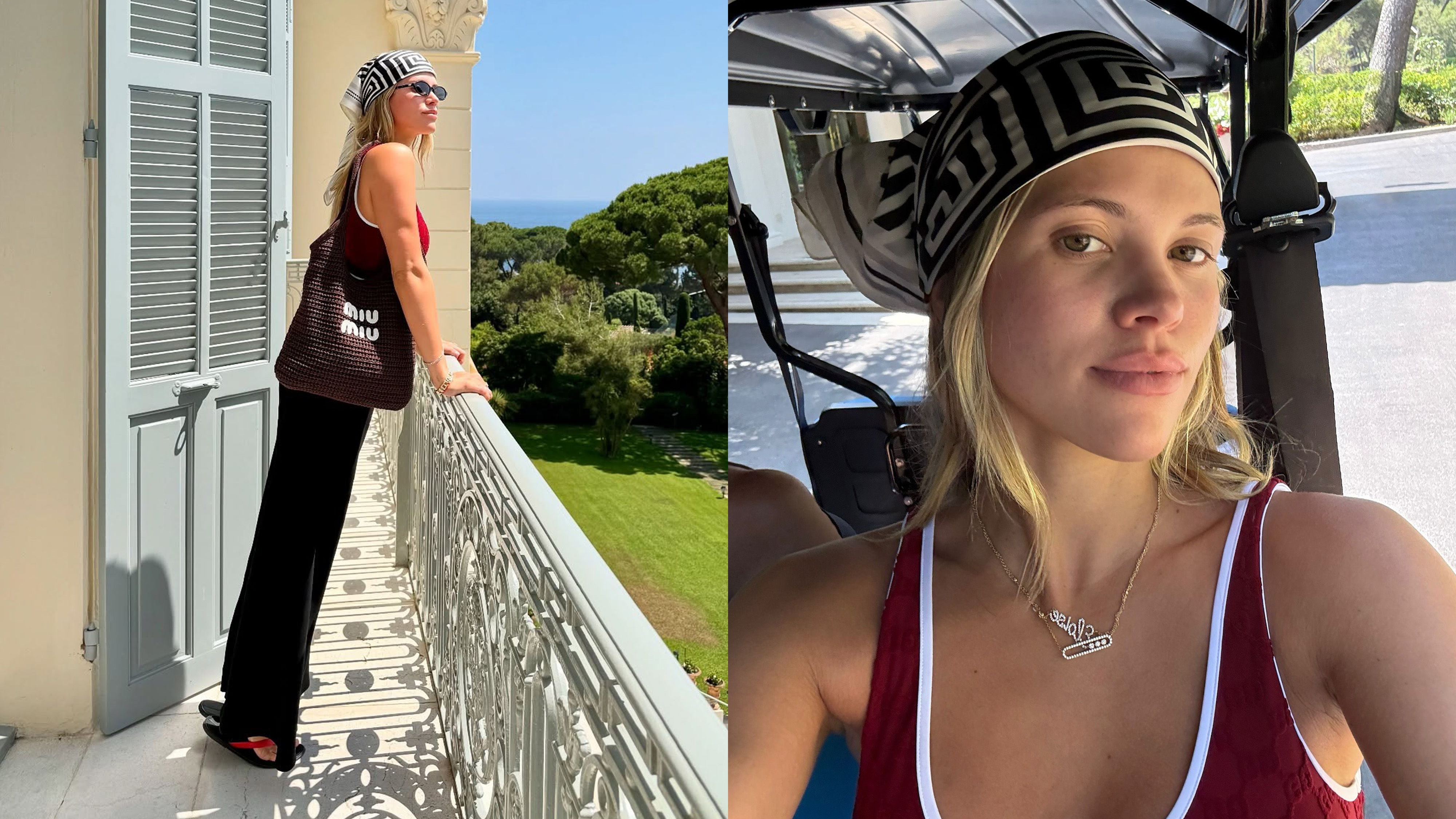 Sofia Richie Grainge in the French Riviera wearing a Gucci burgundy one-piece swimsuit, black pants, red flip flops, a brown Miu Miu bag, and a silk scarf.