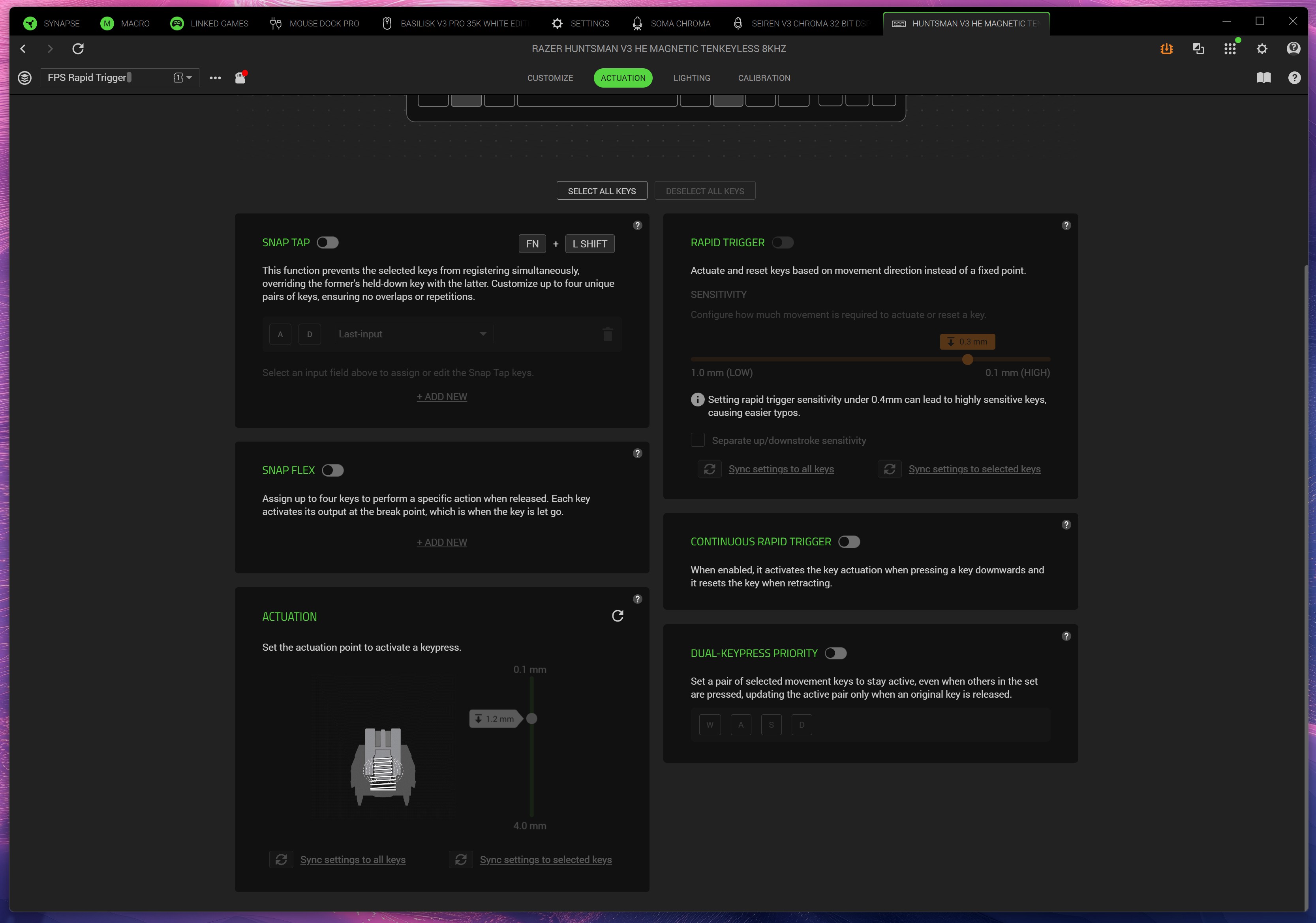Screenshot of Razer Synapse software displaying Actuation tab settings for the Huntsman V3 HE, including actuation point, Rapid Trigger, and Snap Tap.