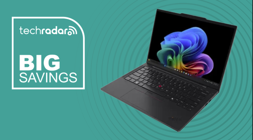 Lenovo ThinkPad T14s on a green background next to a TechRadar badge reading &#039;Big Savings&#039;
